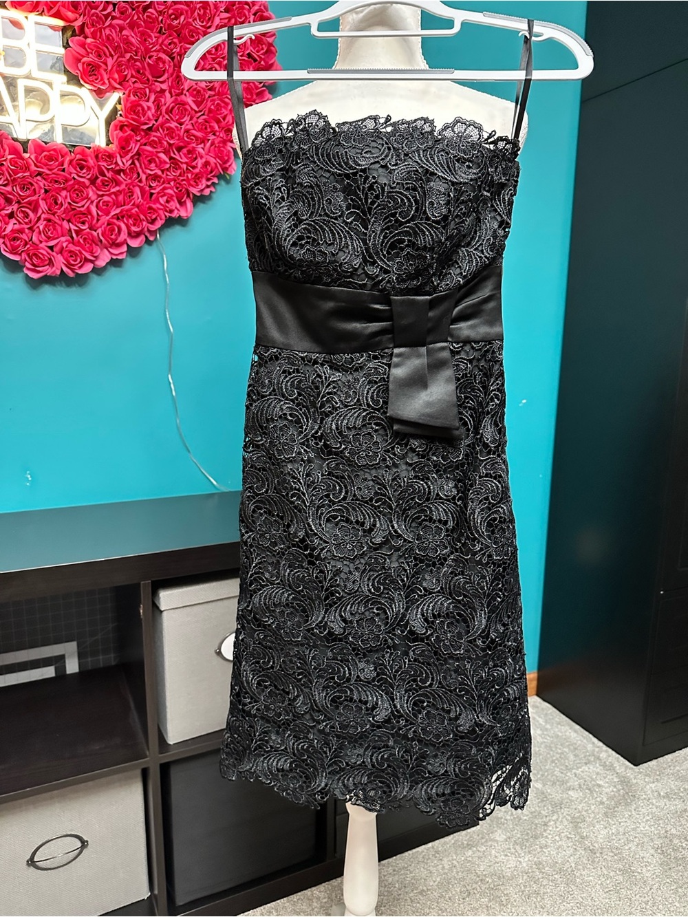 White House Black Market Black Strapless Lace Cocktail Dress with Satin Bow